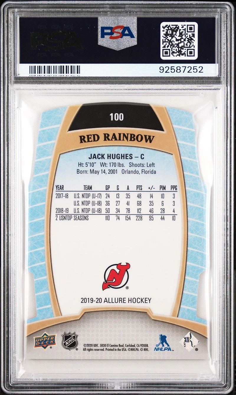 2019 Upper Deck Allure 100 Jack Hughes Red Rainbow PSA 10