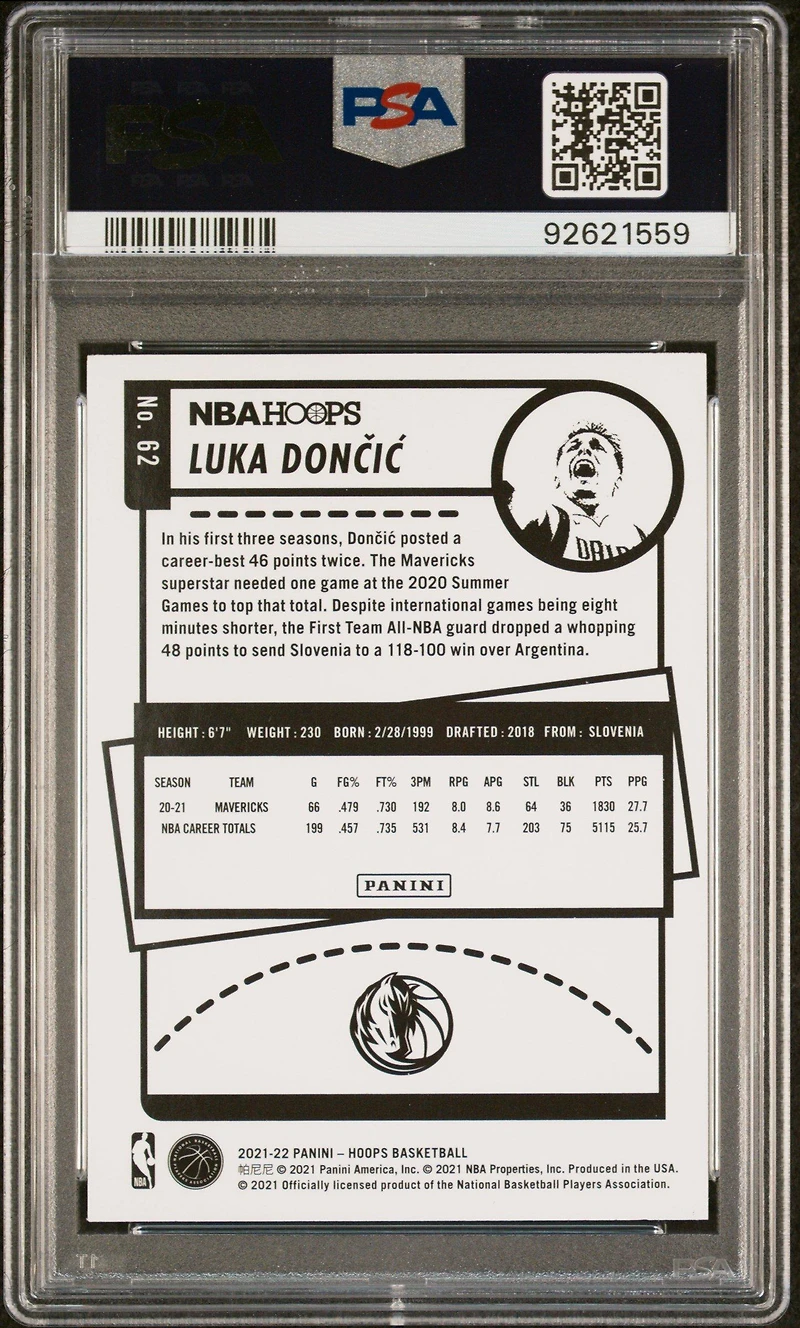 2021 Panini Nba Hoops 62 Luka Doncic Teal Explosion PSA 10