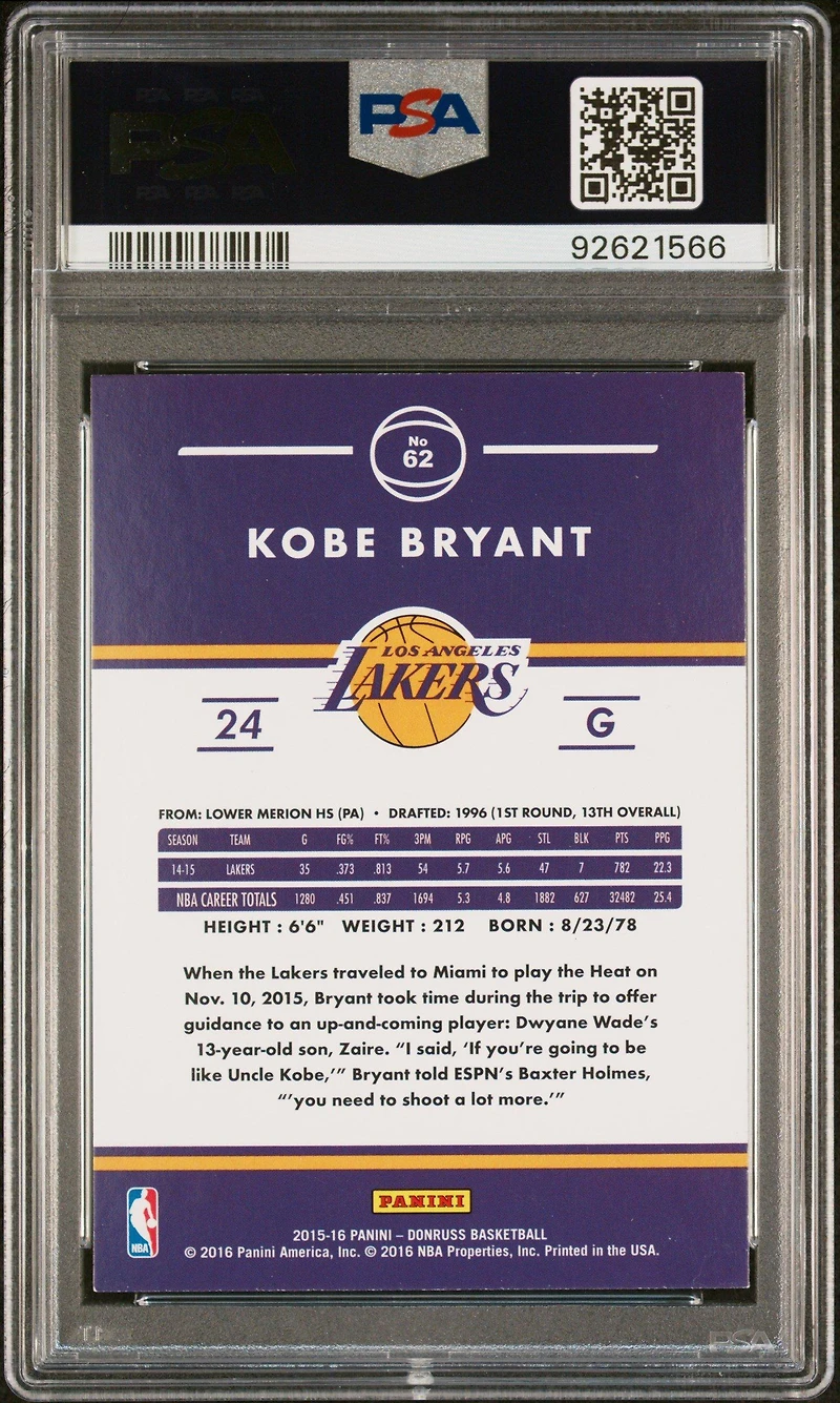 2015 Panini Donruss 62 Kobe Bryant PSA 8