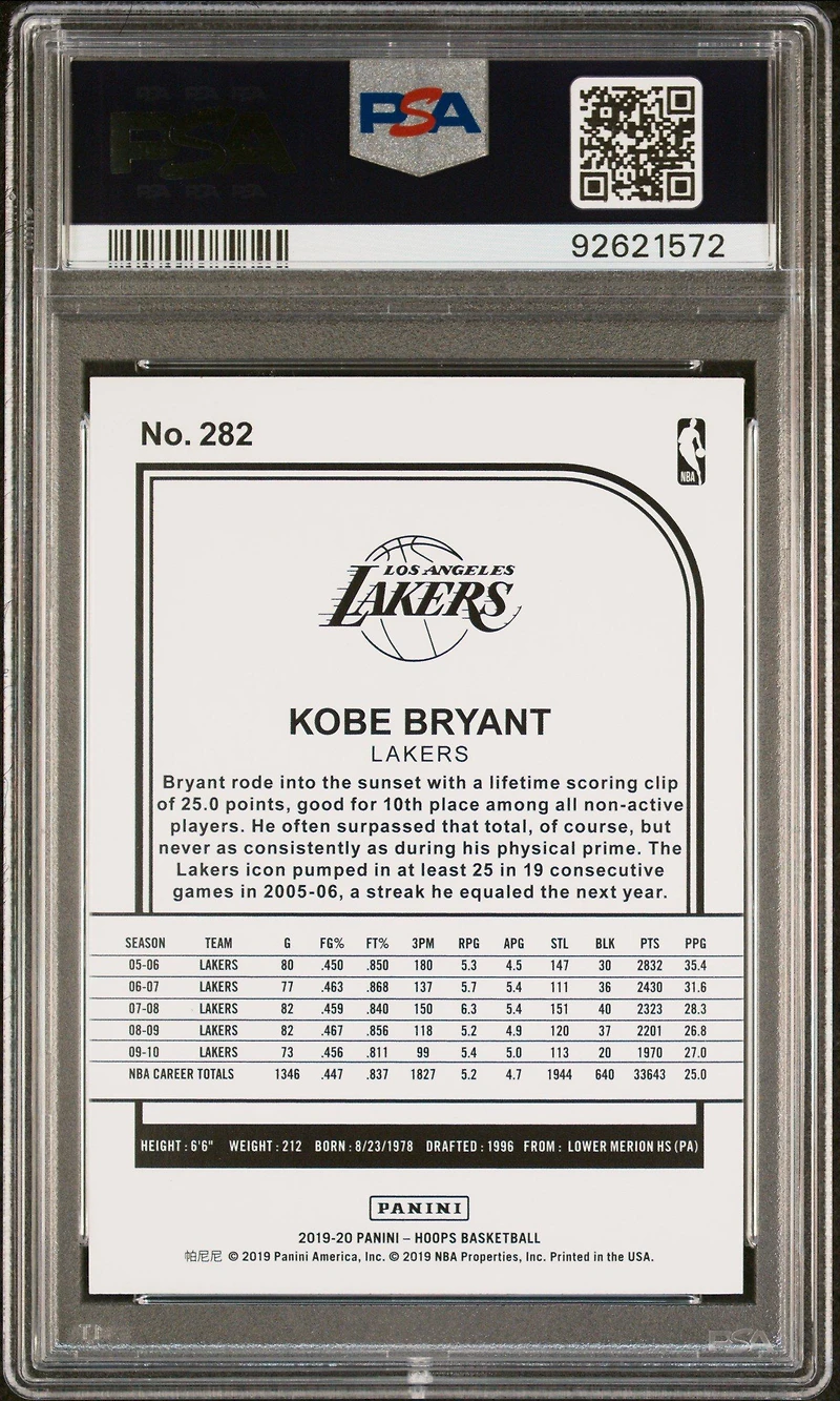 2019 Panini Hoops 282 Kobe Bryant PSA 10