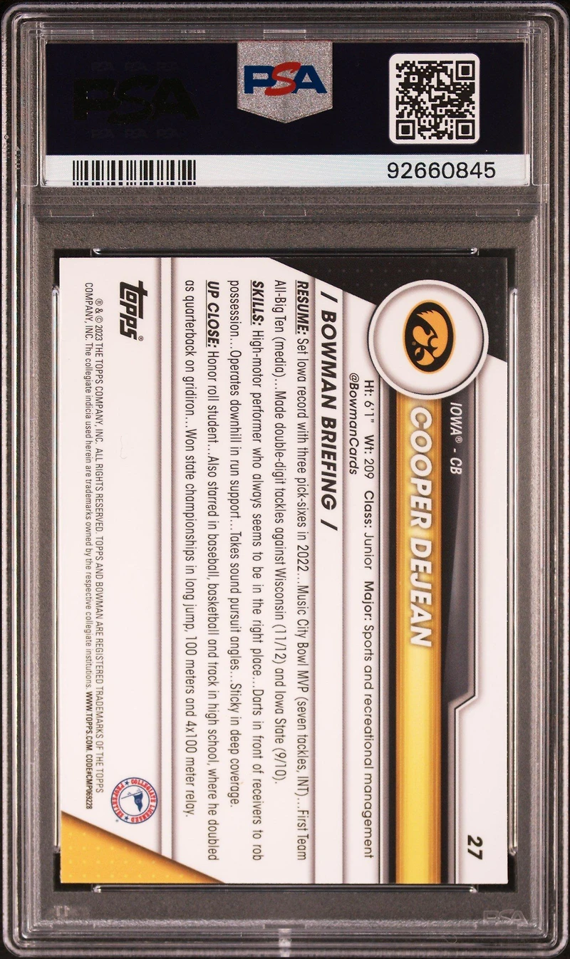 2023 Bowman University Chrome Sapphire 27 Cooper Dejean PSA 10