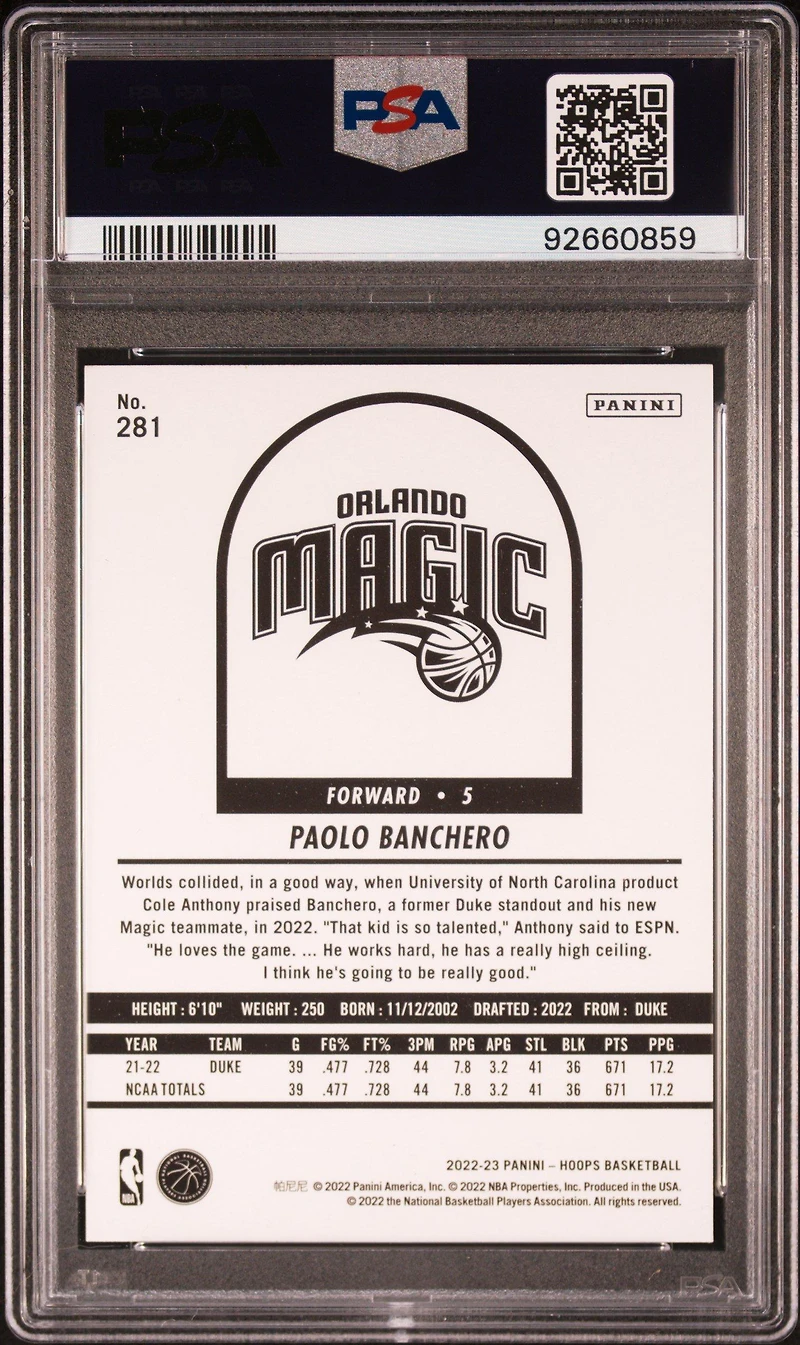 2022 Panini Nba Hoops 281 Paolo Banchero Yellow PSA 10