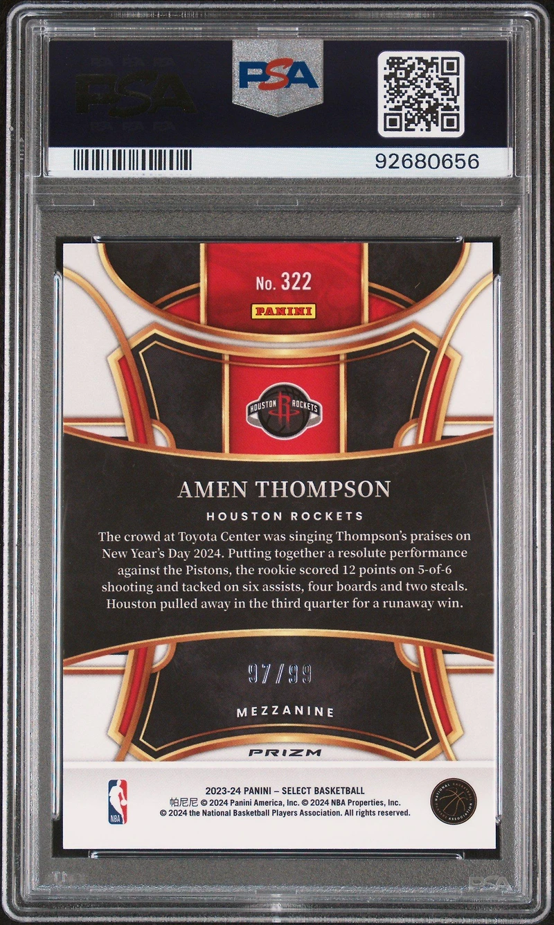 2023 Panini Select 322 Amen Thompson Pink Cracked Ice PSA 10
