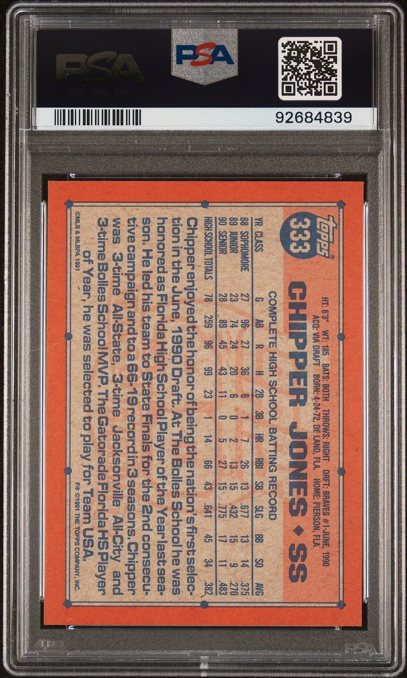 1991 Topps 333 Chipper Jones PSA 9