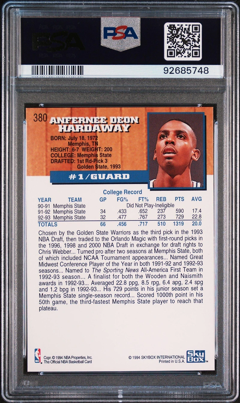 1993 Hoops 380 Anfernee Hardaway PSA 10