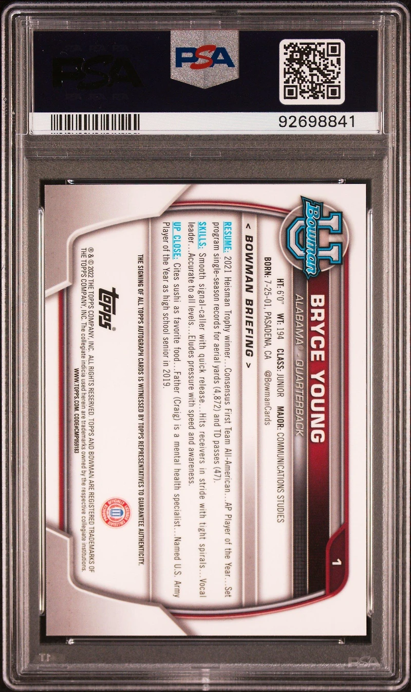 2022 Bowman University Chrome Prospects 1 Bryce Young Autograph PSA 10