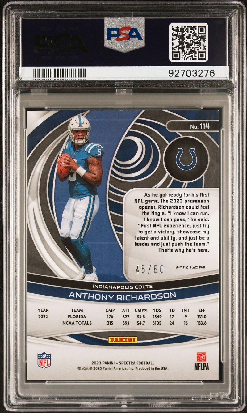 2023 Panini Spectra 114 Anthony Richardson Interstellar PSA 10