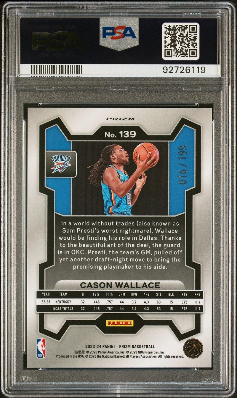 2023 Panini Prizm 139 Cason Wallace Blue Prizm PSA 10