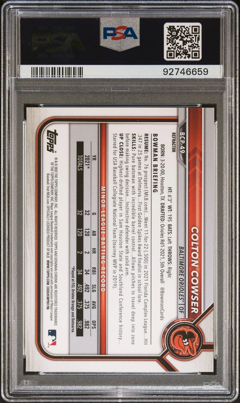 2022 Bowman Chrome Prospects Bcp49 Colton Cowser Refractor PSA 9