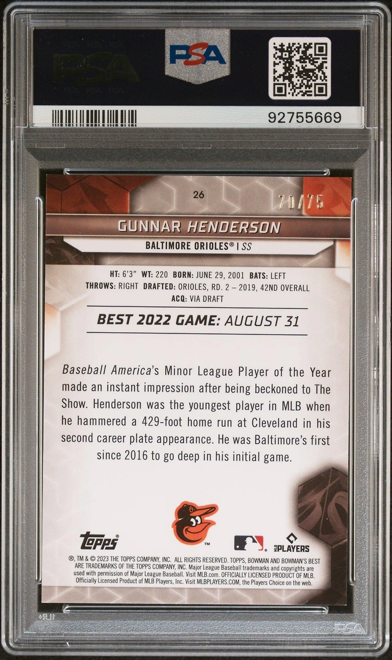 2023 Bowman's Best 26 Gunnar Henderson Gold Lava Refractor PSA 9