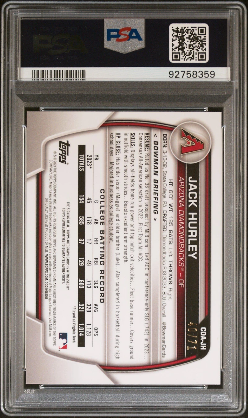 2023 Bowman Draft Chrome Prospect Autograph Cdajh Jack Hurley Sparkle PSA 10