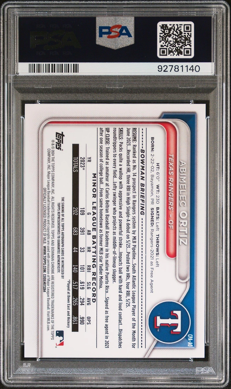 2024 Bowman Chrome Prospect Autographs Cpaao Abimelec Ortiz PSA 10