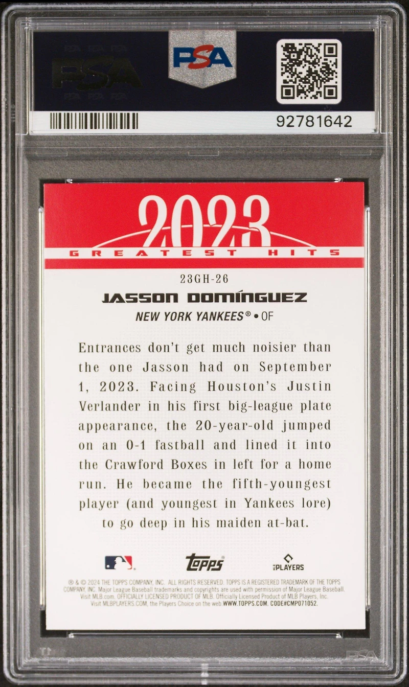 2024 Topps 2023 Greatest Hits 23gh26 Jasson Dominguez PSA 10