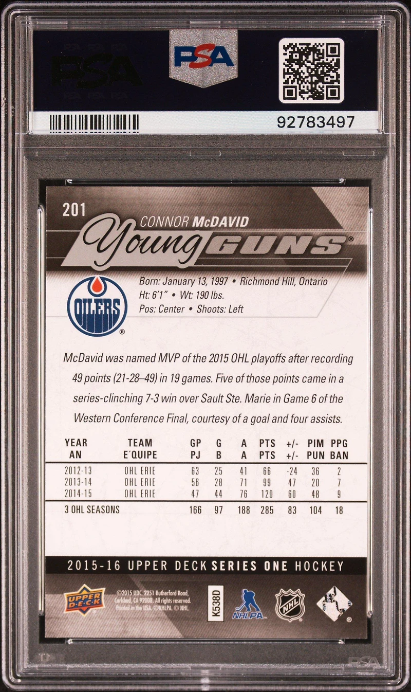 2015 Upper Deck 201 Connor Mcdavid PSA 9