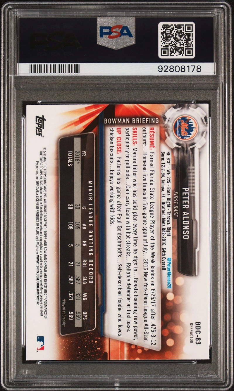 2017 Bowman Draft Bdc83 Peter Alonso Chrome-refractor PSA 10