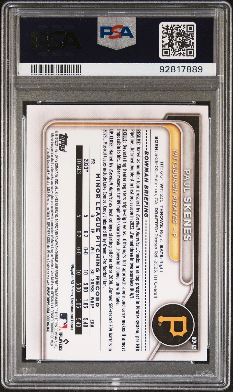 2024 Bowman Chrome Prospects Bcp125 Paul Skenes PSA 10