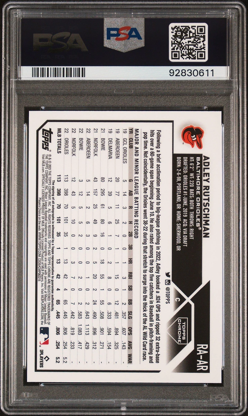2023 Topps Chrome Rookie Autograph Raar Adley Rutschman Blue Raywave Refractor PSA 10