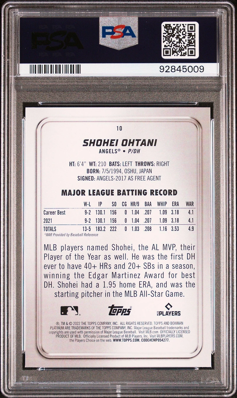 2022 Bowman Platinum 10 Shohei Ohtani Ice Foilboard PSA 10
