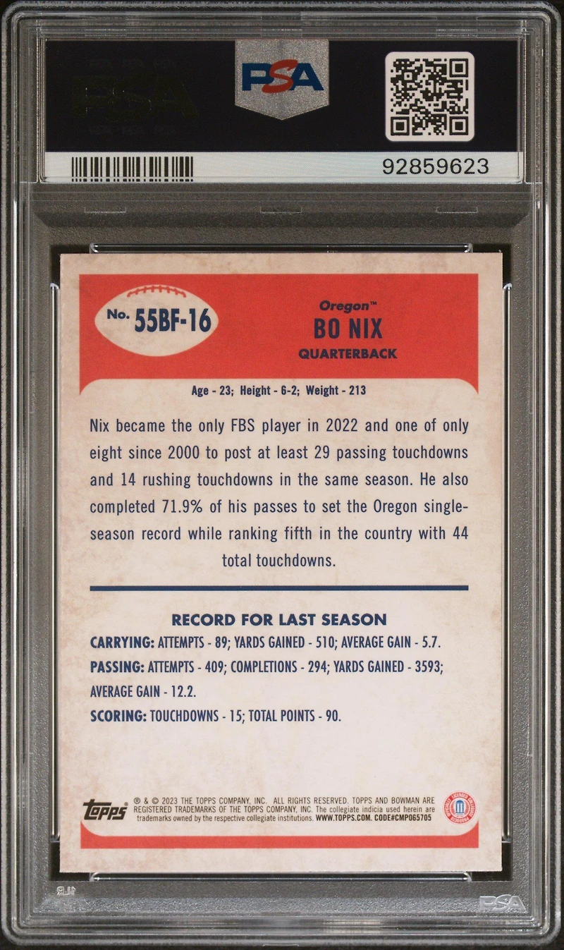 2023 Bowman University Chrome 1955 Bowman 55bf16 Bo Nix PSA 10