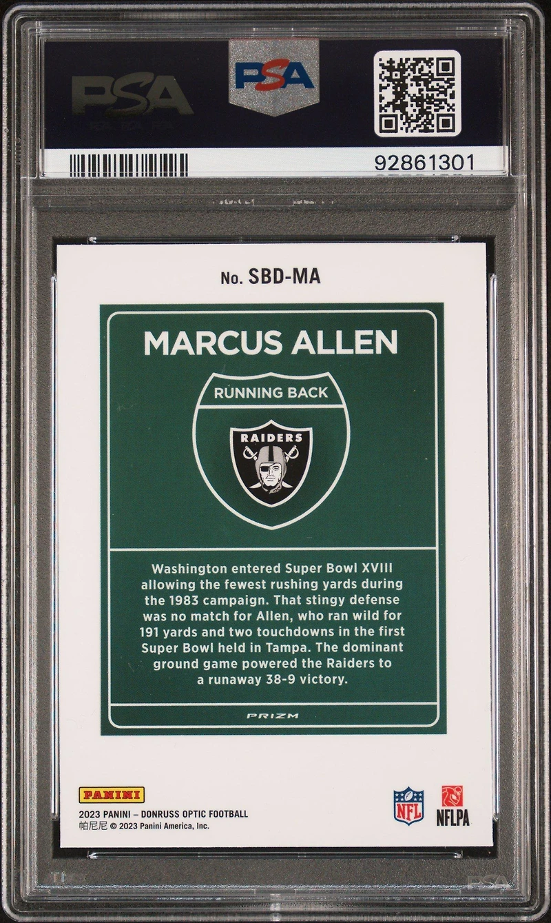 2023 Panini Donruss Optic Super Bowl Downtown Sbdma Marcus Allen PSA 9