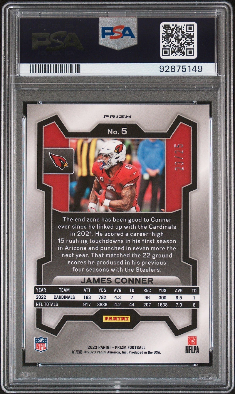2023 Panini Prizm 5 James Conner Navy Camo PSA 10
