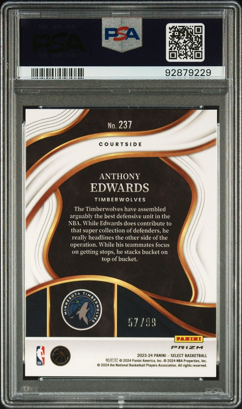 2023 Panini Select 237 Anthony Edwards Purple Cracked Ice PSA 10