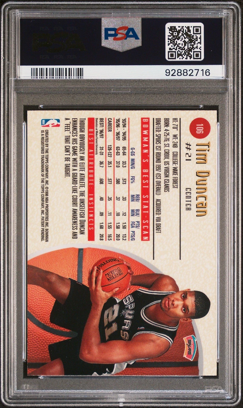 1997 Bowman's Best 106 Tim Duncan Refractor PSA 8