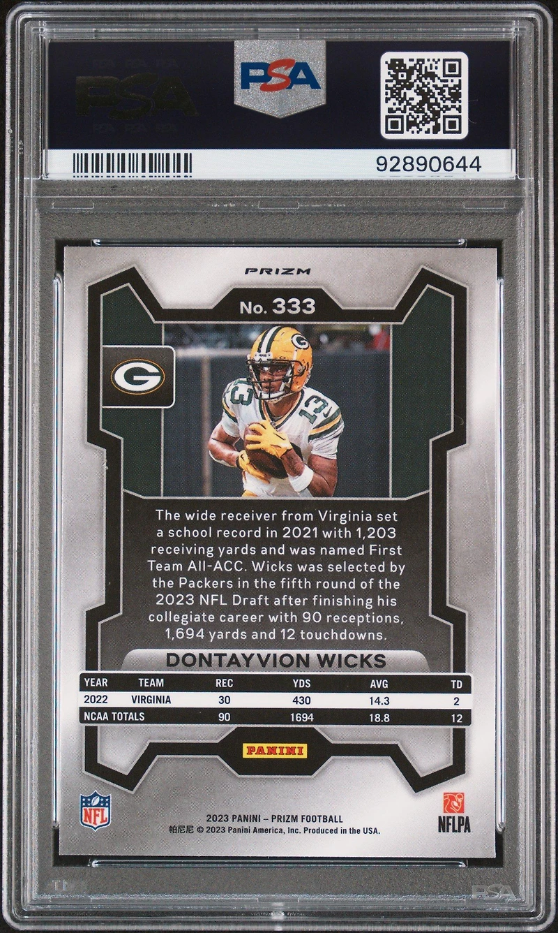 2023 Panini Prizm 333 Dontayvion Wicks Green Ice PSA 9