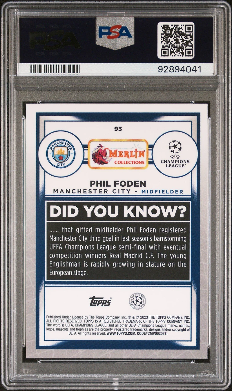 2022-23 Topps Merlin Chrome Uefa Club Competitions 93 Phil Foden Orange Mojo PSA 10