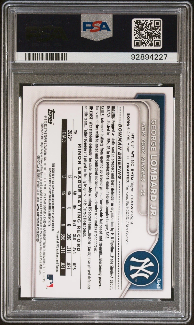 2024 Bowman Chrome Prospect Autographs Cpaglo George Lombard Jr. PSA 10