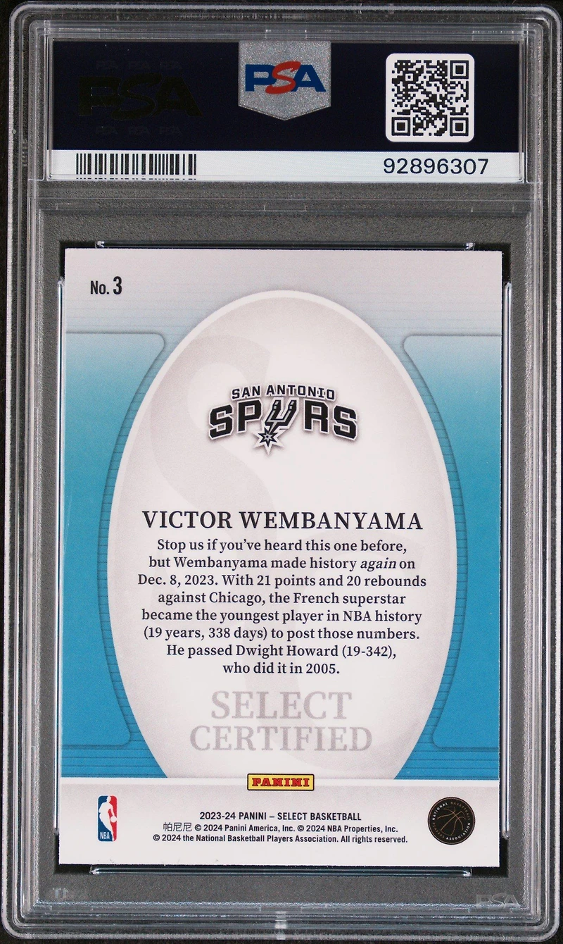 2023 Panini Select Select Certified 3 Victor Wembanyama PSA 10