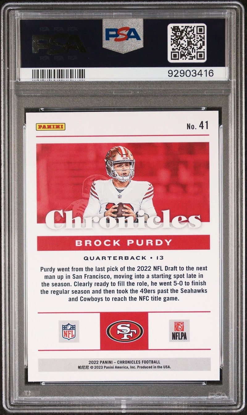 2022 Panini Chronicles 41 Brock Purdy PSA 10