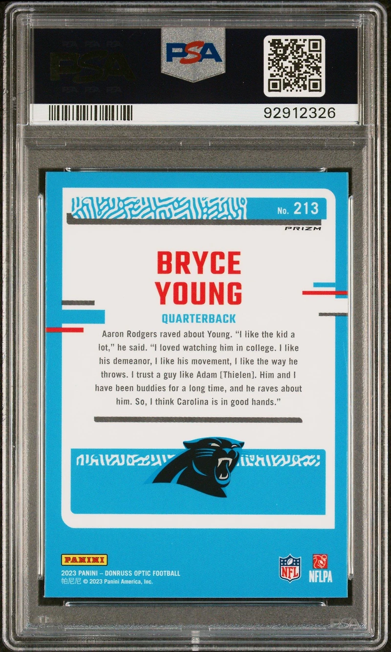 2023 Panini Donruss Optic 213 Bryce Young Purple Shock PSA
