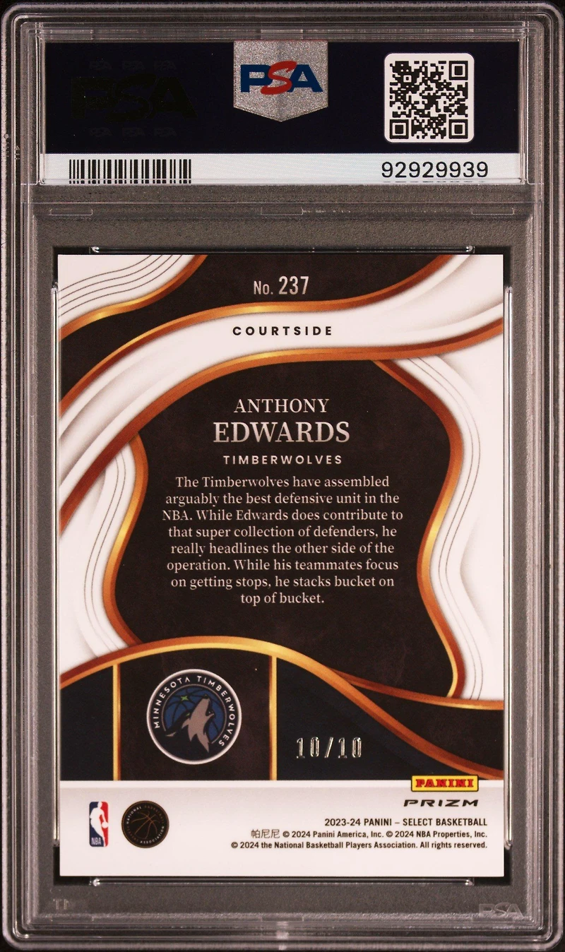 2023 Panini Select 237 Anthony Edwards Gold Prizm PSA 10