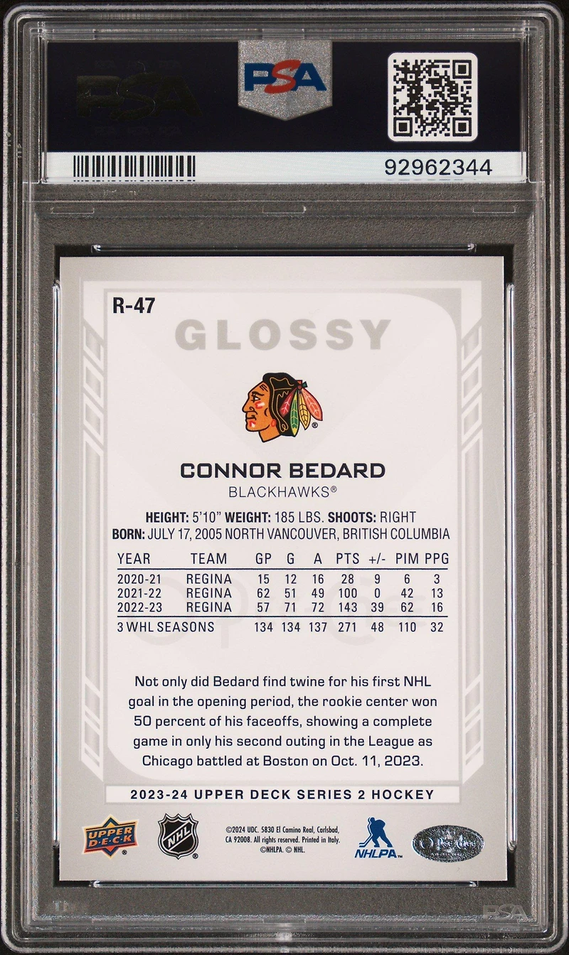 2023 Upper Deck Opc Glossy R47 Connor Bedard PSA