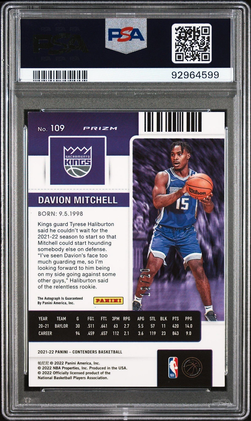 2021 Panini Contenders 109 Davion Mitchell Autograph-premium Edition-blue Shimmer PSA 9