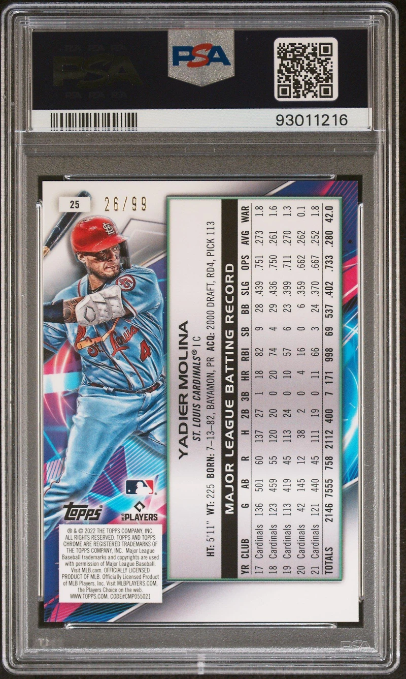 2022 Topps Cosmic Chrome 25 Yadier Molina Blue Moon Refractor PSA 10