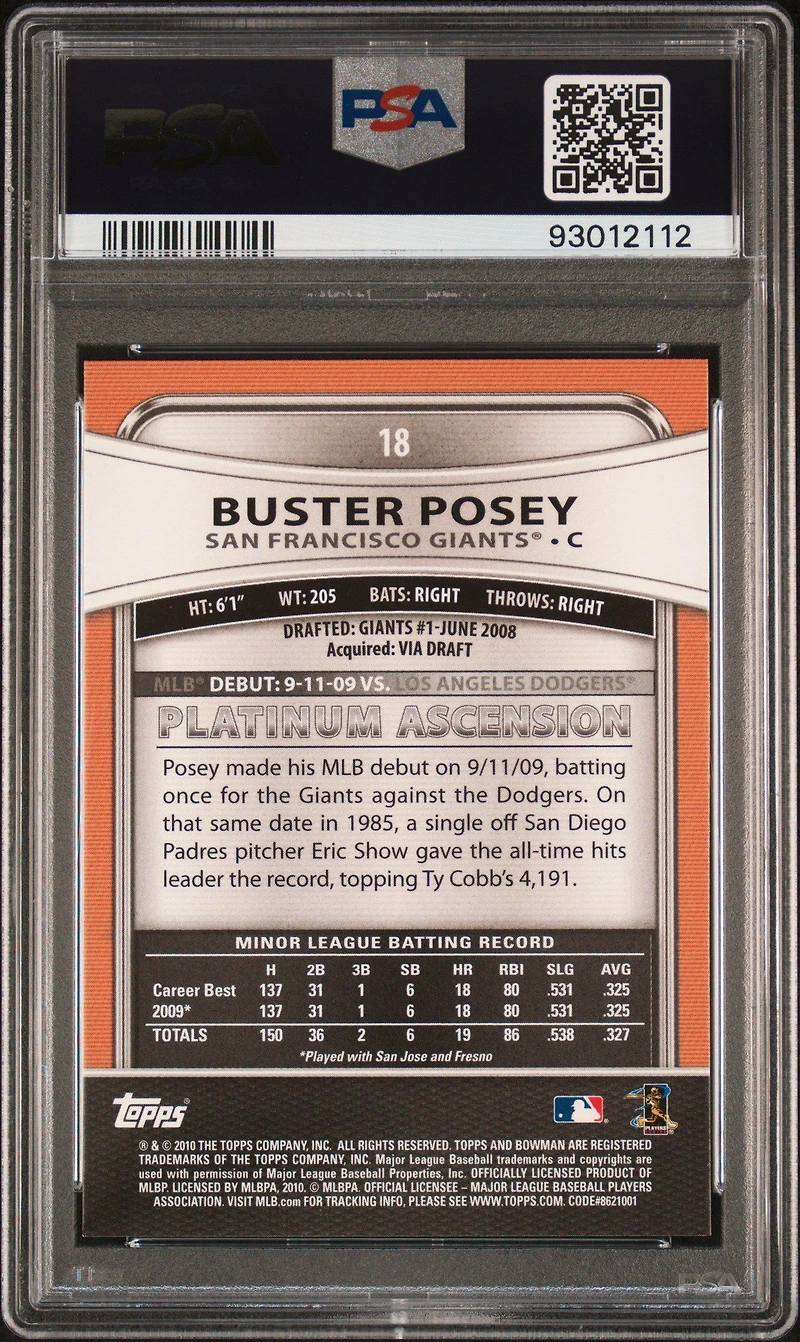 2010 Bowman Platinum 18 Buster Posey PSA 10