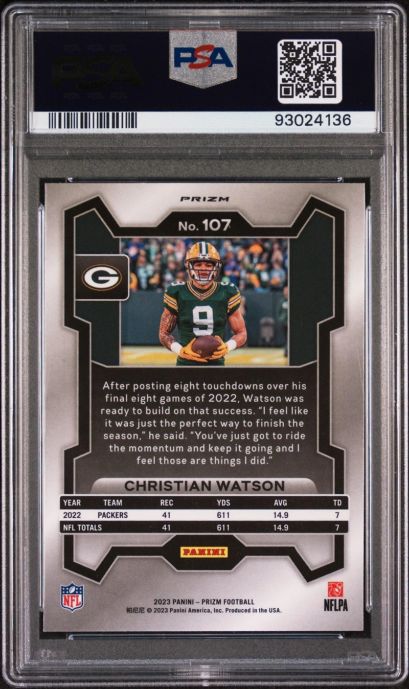 2023 Panini Prizm 107 Christian Watson Black & Red Checker PSA 10
