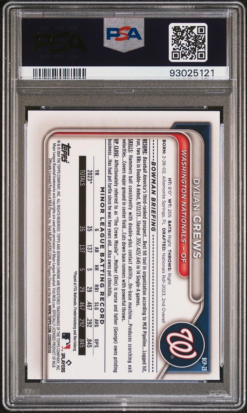 2024 Bowman Chrome Prospects Bcp23 Dylan Crews PSA