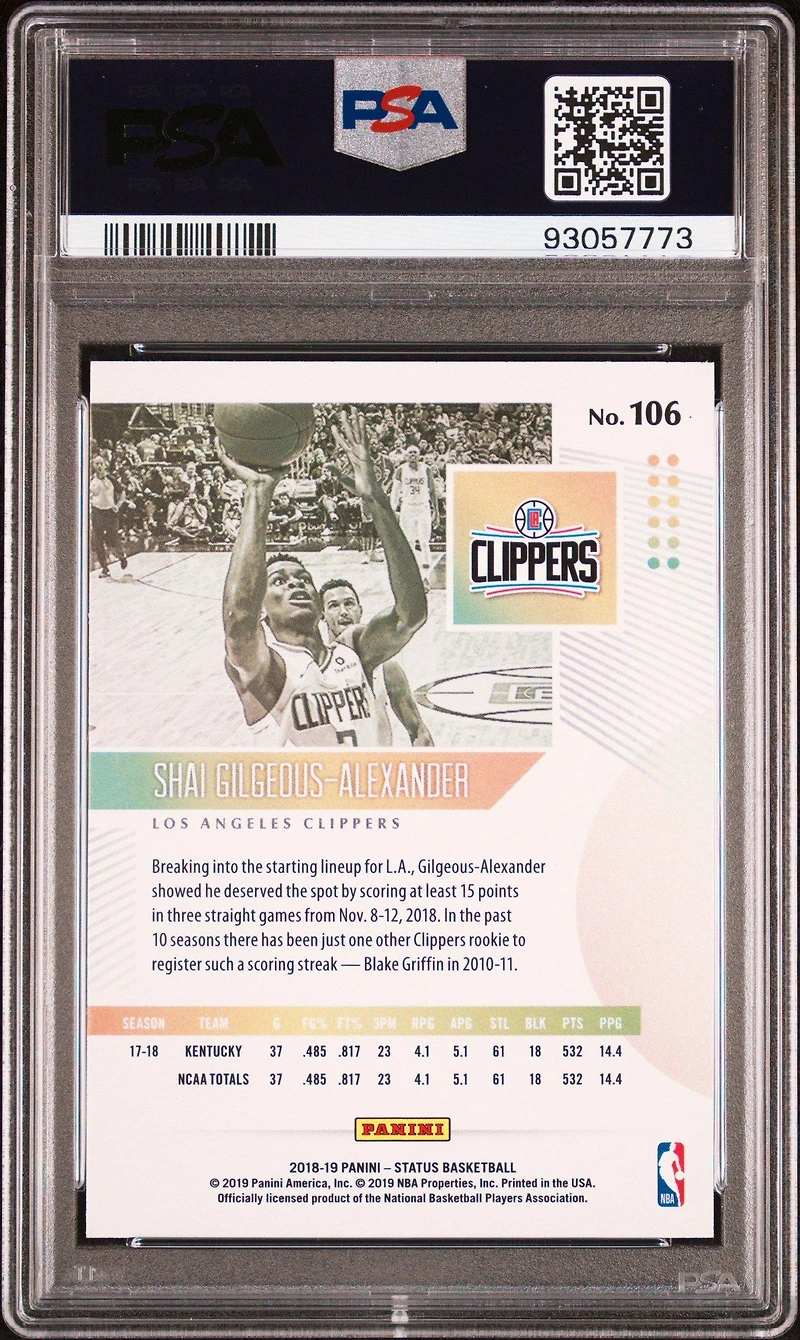 2018 Panini Status 106 Shai Gilgeous-alexander PSA 10