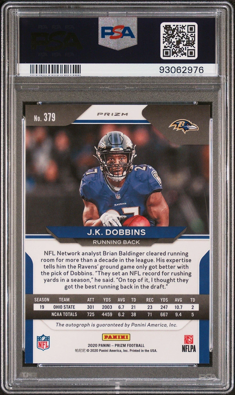 2020 Panini Prizm 379 J.k. Dobbins Autograph PSA 9