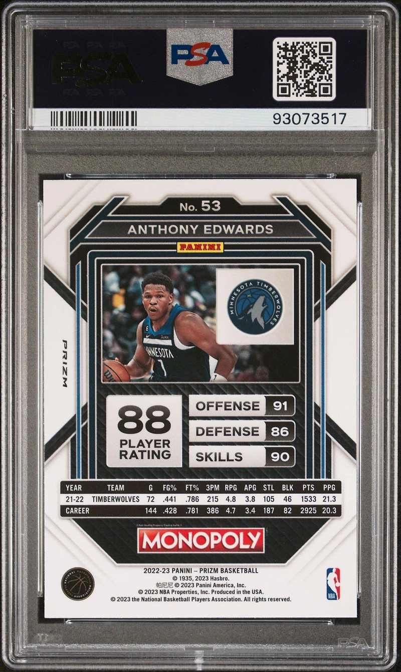 2022 Panini Prizm Monopoly 53 Anthony Edwards Monopoly Black PSA 10