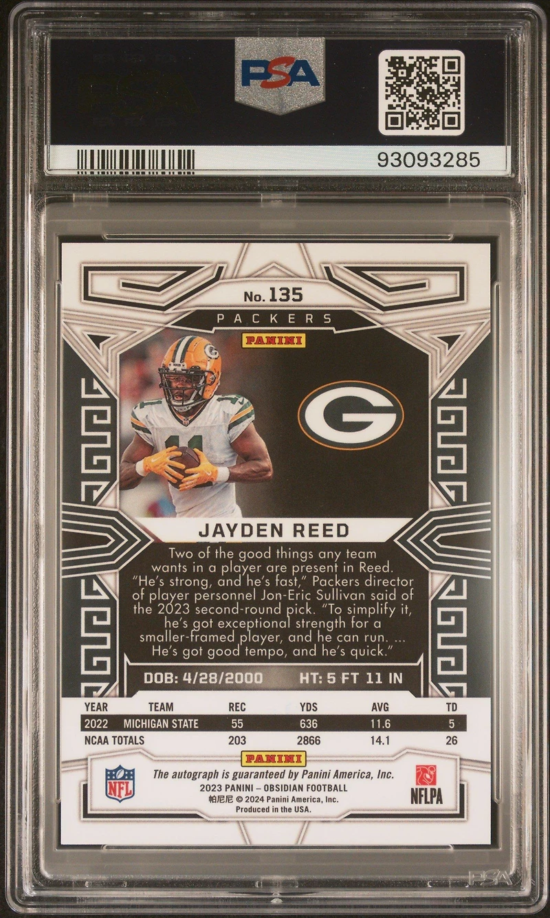 2023 Panini Obsidian 135 Jayden Reed Signature PSA 10