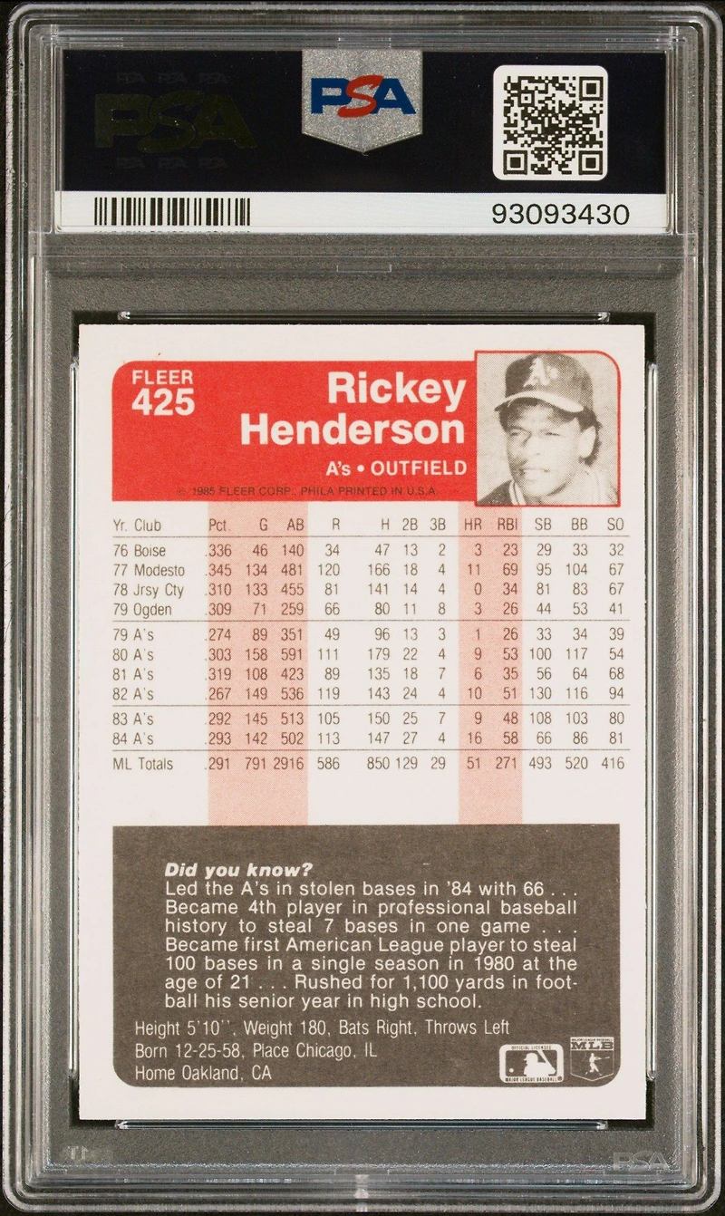 1985 Fleer 425 Rickey Henderson PSA 9