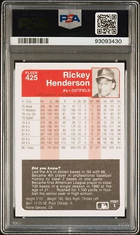 1985 Fleer 425 Rickey Henderson PSA 9