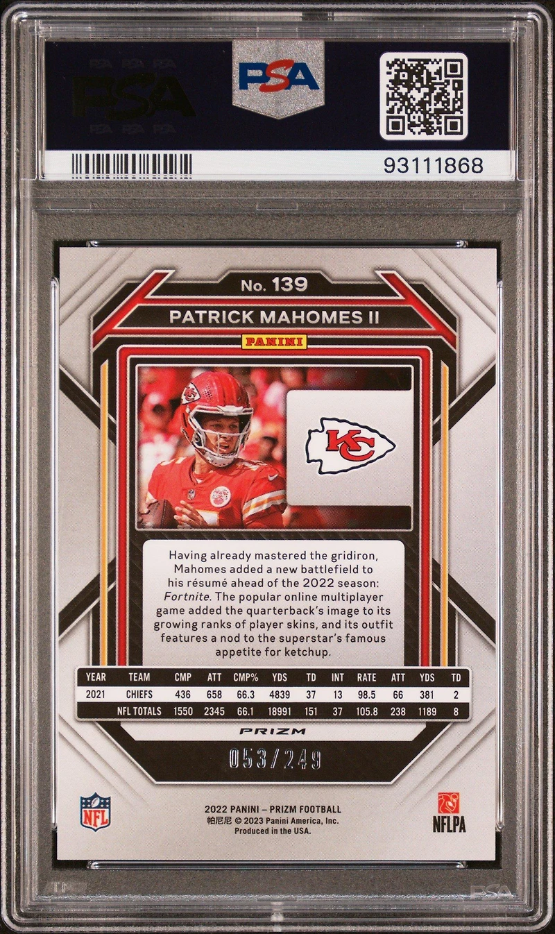 2022 Panini Prizm 139 Patrick Mahomes Ii Orange Prizm PSA 10