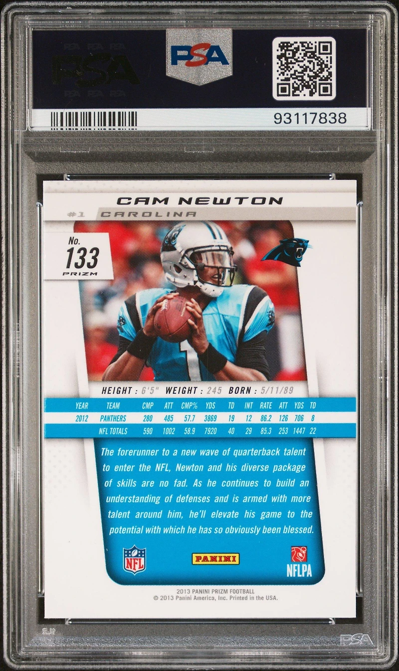 2013 Panini Prizm 133 Cam Newton Blue Pulsar Prizm PSA 10