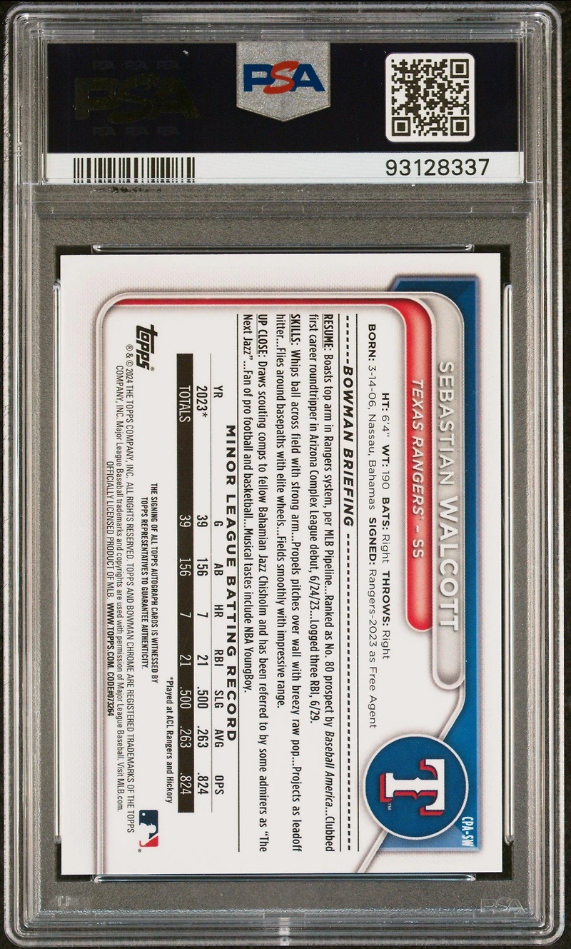 2024 Bowman Chrome Prospect Autographs Cpasw Sebastian Walcott PSA 10