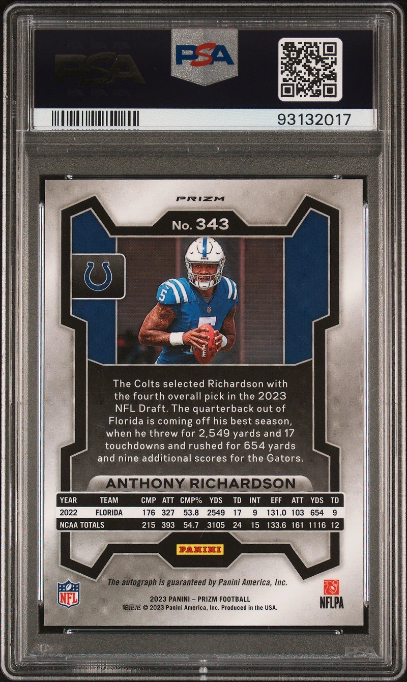 2023 Panini Prizm 343 Anthony Richardson Autograph PSA 9
